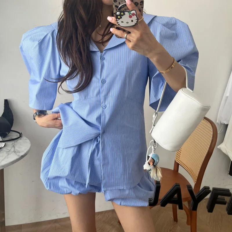 

Korean Fashion Two Piece Set Women Blue Striped Short Puff Sleeve Slim Shirt Tops And High Waist Shorts Lady Casual Outfits