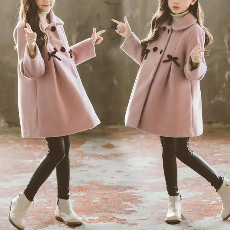 

Korean Casual 2024 Autumn Winter New Girls Turn-down Collar Button Spliced Bow Shirring Fashion Sweet Long Sleeve Loose Coats