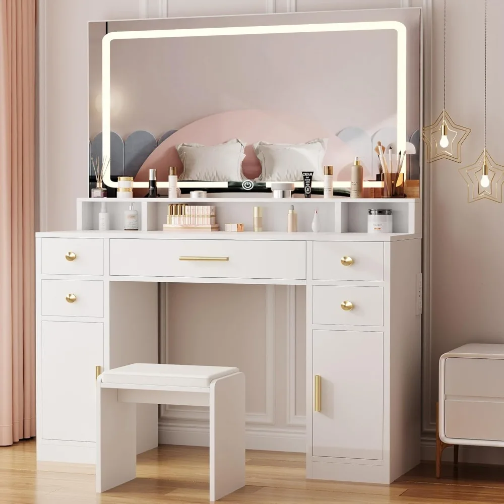 Vanity Desk Set with Large LED Lighted Mirror Power Outlet White Makeup Vanity Table 3 Color Lighting