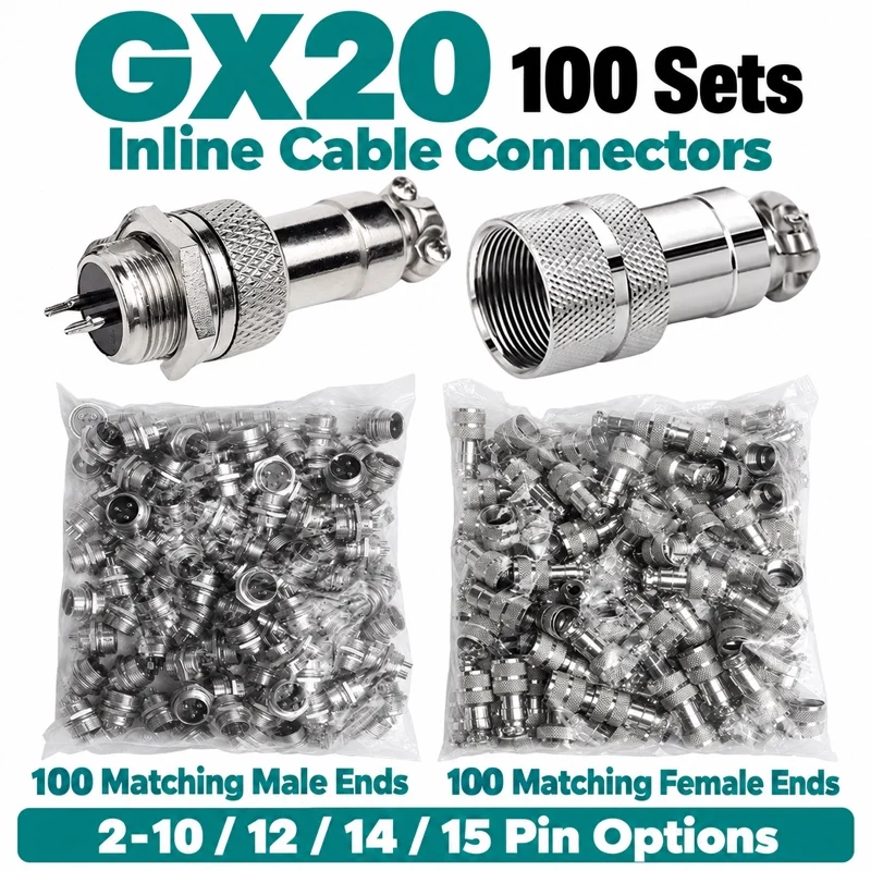 100 Sets GX20 Inline Aviation Connectors 2 to 15 Pin Male Female Cable Plug Socket Metal Thread Lock Solder Wire Bulk Bag Pack