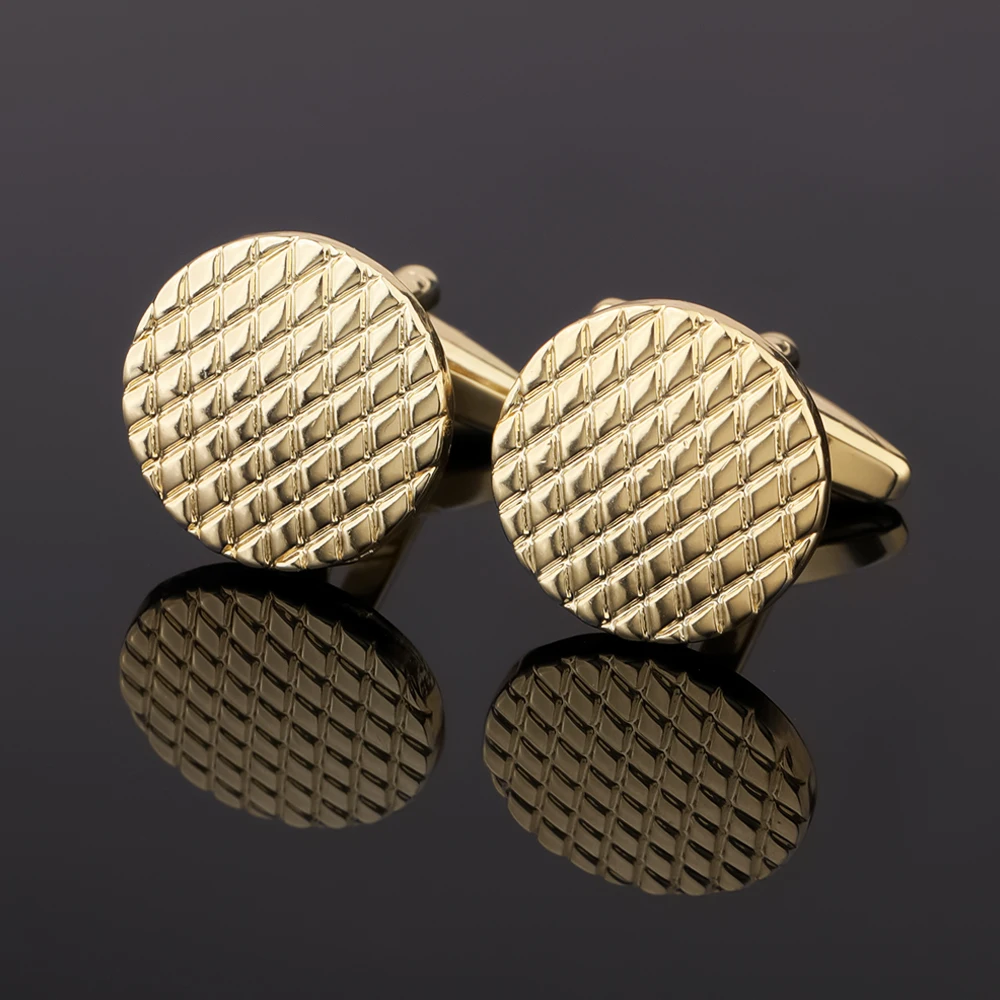 1 Pair Gold Plated Diamond Grid Pattern Round Cufflinks Men French Dress Shirt Business Wedding Formal Suit Accessories
