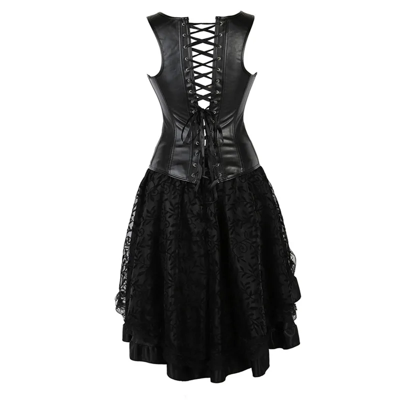 Steampunk Straps Corset Gothic Sexy Womens Faux Leather Overbust Corset Bustier Dress With Asymmetric Floral Lace Skirt Set