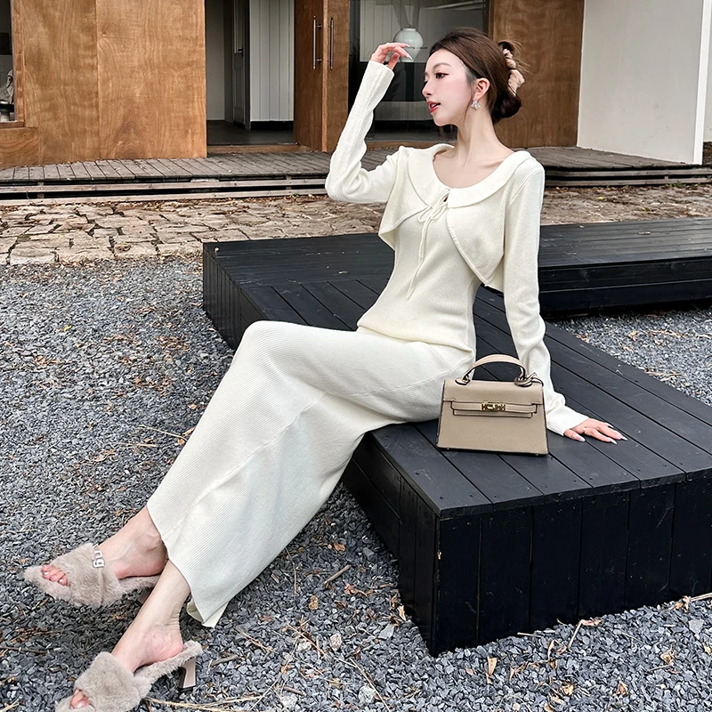 Nieuwe Herfst En Winter Zachte Stijl Modieuze Elegante Slanke Jarreteljurk + Gebreid Vest Pak 2-delige Sets Damesoutfits