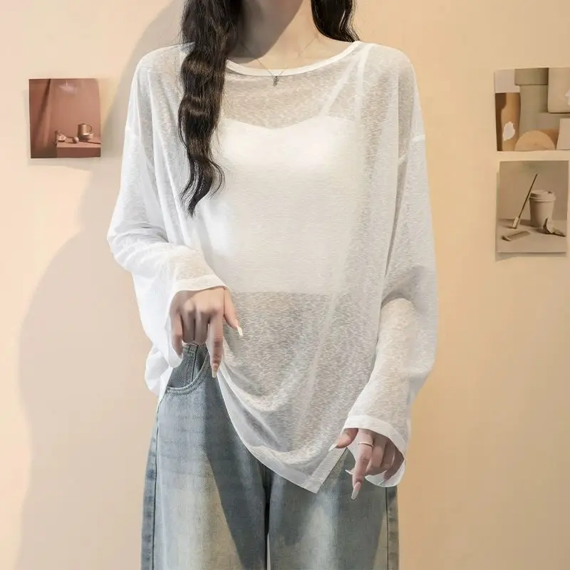 

Solid Color Thin Sexy Perspective Sunscreen Long Sleeve T-Shirt for Women Summer Loose O-neck Comfortable Elegant Tops