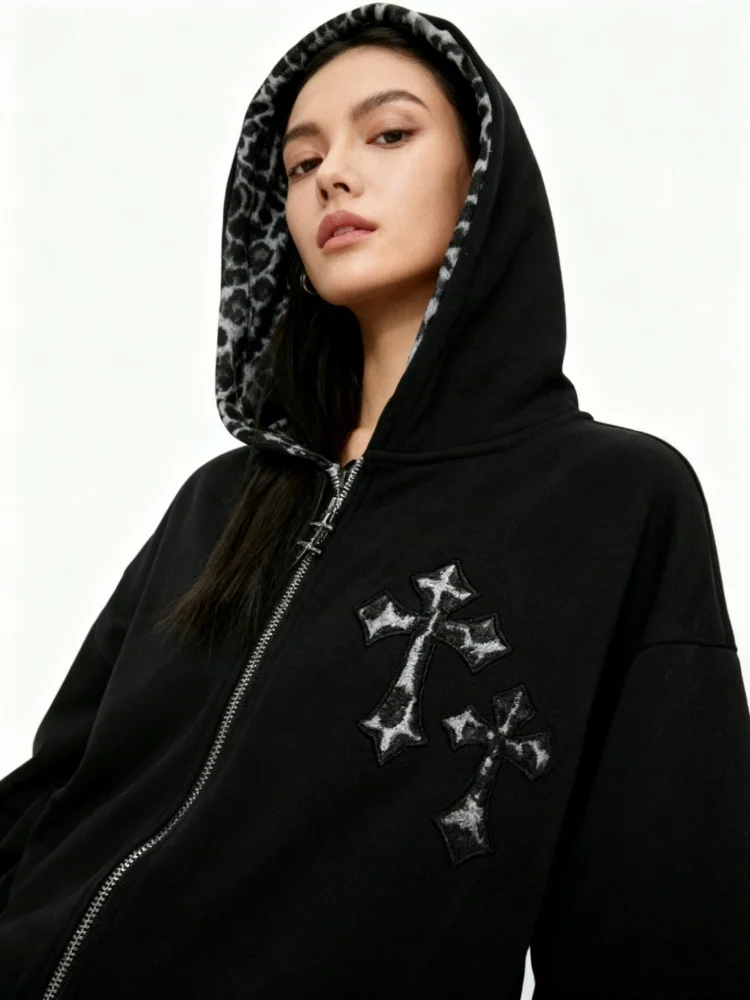 

Retro Leopard Pattern Pullover With Hoodie And Zipper Casual Loose Fit Couples Streetwear