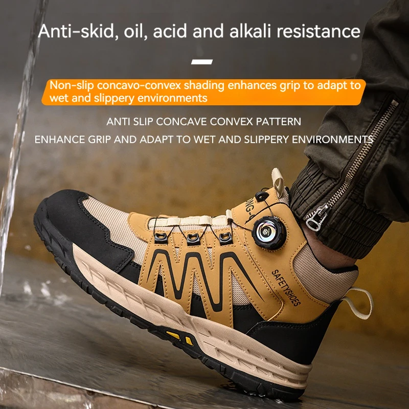 Breathable Steel Toe Work Boots for Men Rotary Button Safety Shoes | Construction Anti-Puncture Slip Resistant Outdoor Sneakers