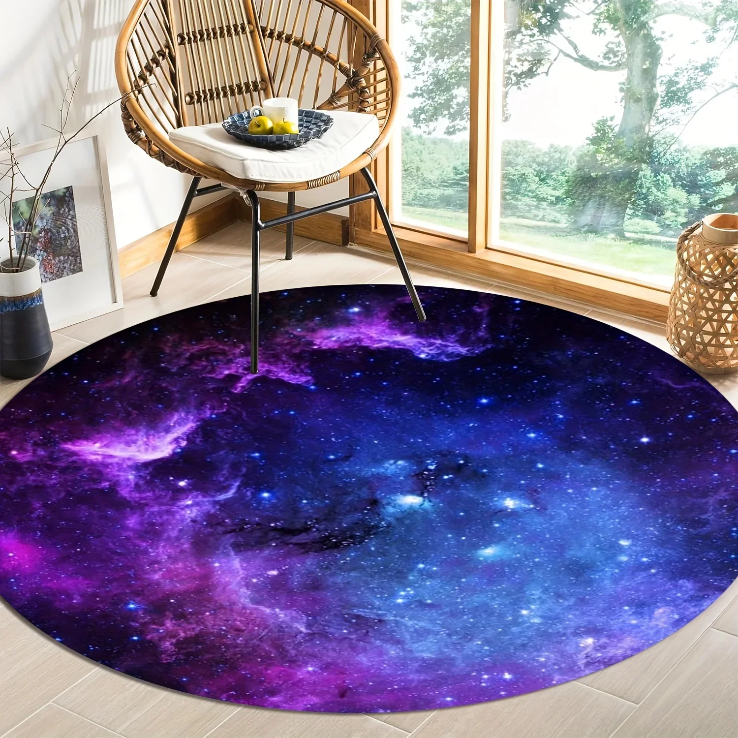 Galaxy Space Round Rug Flannel Printed Carpet Cosmic Theme Home Decor Cozy Soft Floor Mat Living Room Bedroom Indoor Use