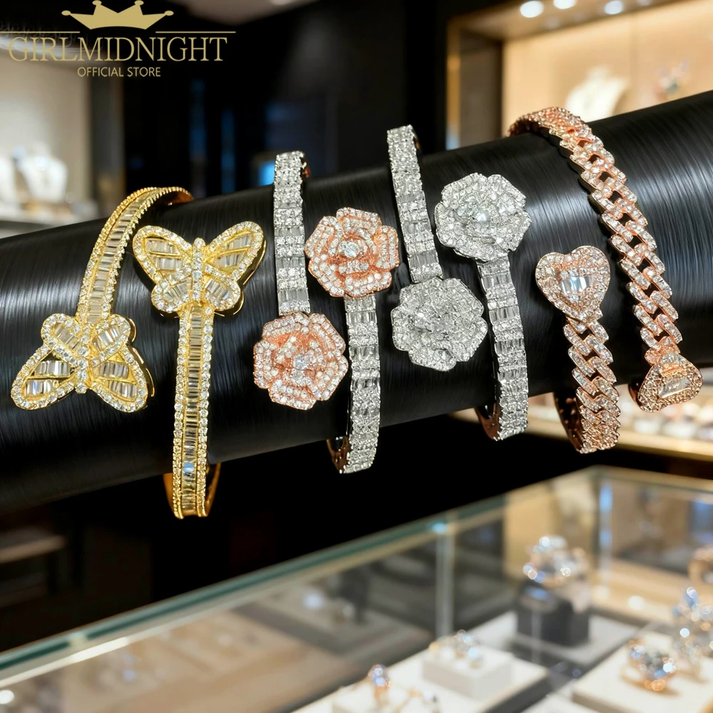 

2025 New Iced Opened Heart Flower Charm Bangle Silver Color CZ Zircon Butterfly Bracelet For Women Hip Hop Luxury Jewelry