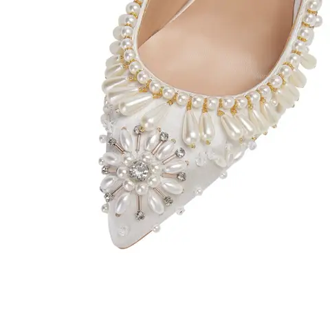 Handsydda Pärl Strass Vit Bröllopsklänning Bröllopsskor Visa Stil 10,5 cm Högklackade Bankettklänning Mode Högklackade Skor 8 best sales elfenbensvita bröllopsskor - №7