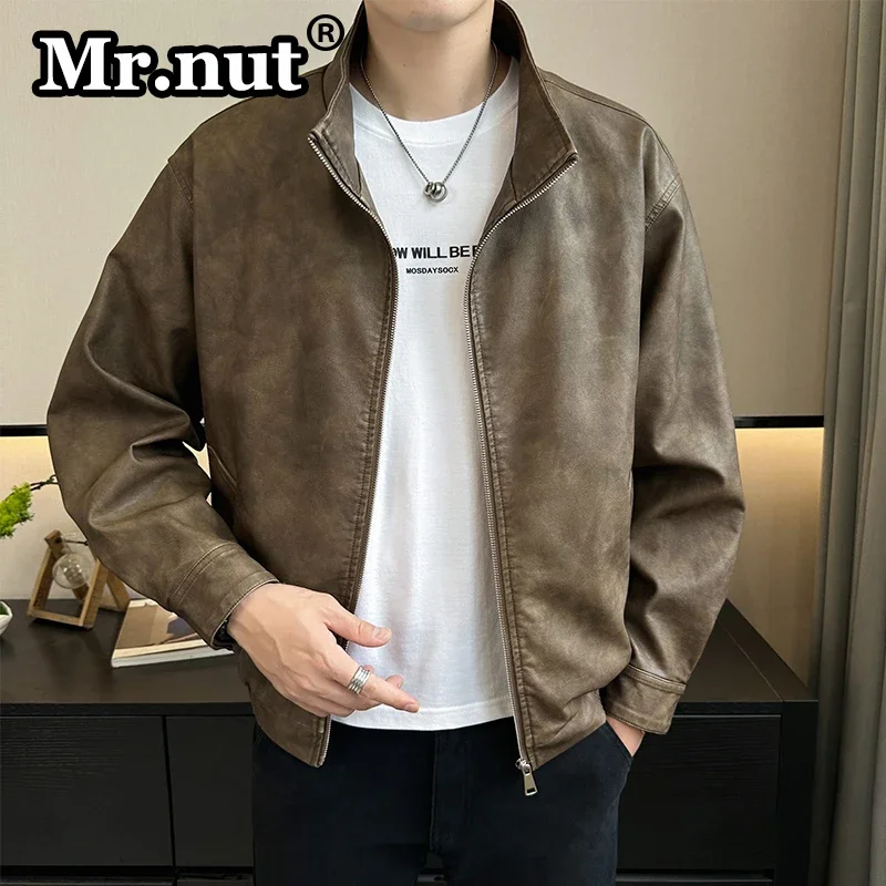 Mr.nut Retro Windbreaker Make Old Clothing man Spring Autumn Men's Aviator Bomber Jacket PU Waterproof Motorcyclist Jackets Top