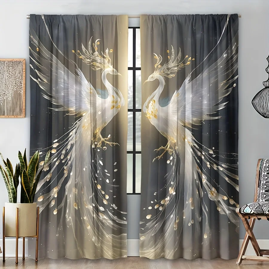 

2pcs Bright Phoenix Pattern Curtains Living Room BedroomDecoration 3D Digital Printing Rod Pocket Curtain For LivingRoom Home