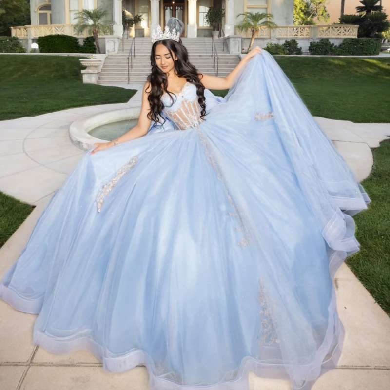 

Небесно-голубое блестящее бальное платье Quinceanera Платья с открытыми плечами Аппликация из бисера с бантом Корсет из тюля Вечеринка на день рождения Милое платье 16.