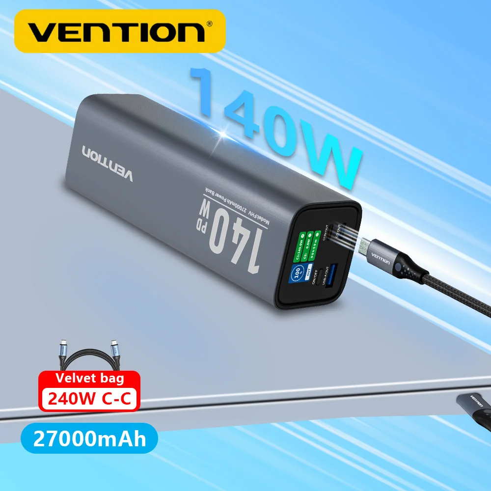 Vention 27000mAh Power Bank 140W Portable Powerbank Fast Charge PD 3.1 External Battery High Capacity for iPhone 16 iPad Macbook