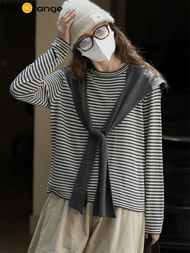 

HanOrange 2025, осенняя модная полосатая футболка с длинным рукавом, женская сложенная съемная шаль, повседневный топ, темно-серый/желтый