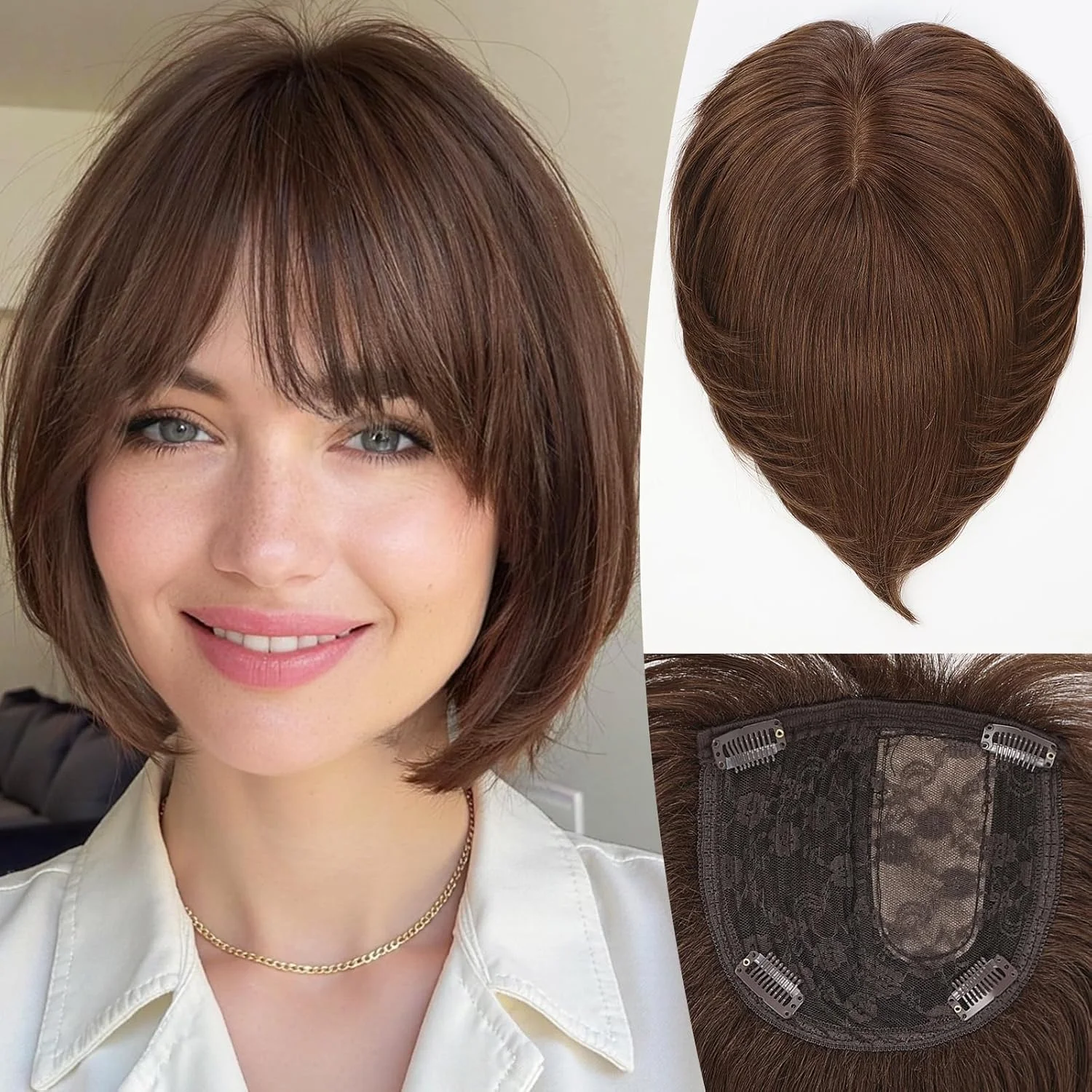 여성용 10인치 인모 헤어피스 6.5x6.5인치 실크 베이스 브라운 사이드 파트 숏 스트레이트 보브 앞머리 자연스러운 통기성 70g