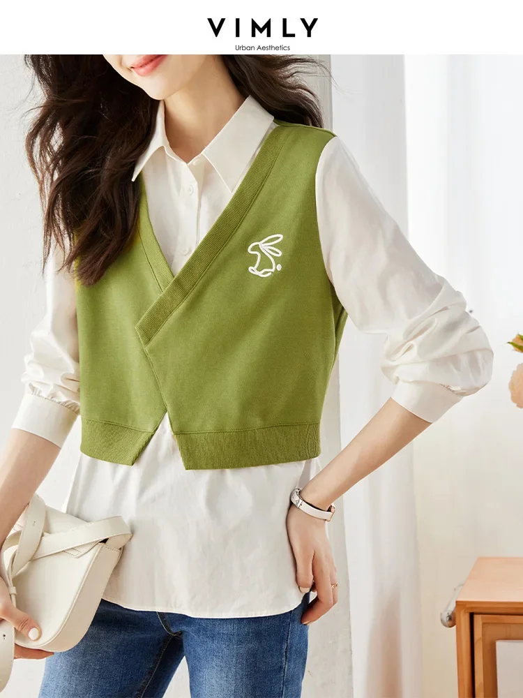 Vimly Fake Two Blouse for Women 2023 Autumn Fashion Turn-down Collar White Long Shirt and Green Knitted Vest Women Blouse M2560