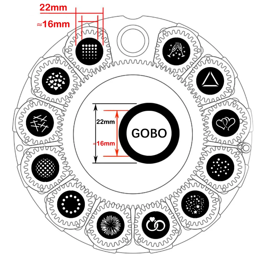 22mm 0.866 inch Outside diameter Moving head light gobo, The pattern is 16mm/0.63 inch, Karaoke MTV lighting decoration