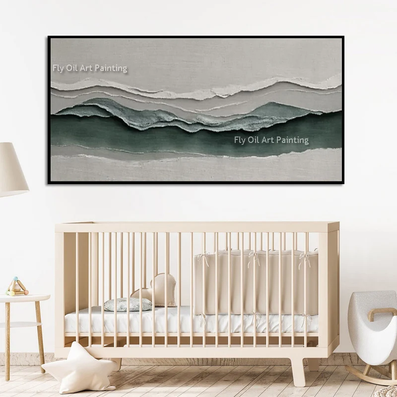 Fashion Abstract Green White Wave Artwork On Canvas New Original Design Hand Painted Brown White Seaside Oil Painting For Decor