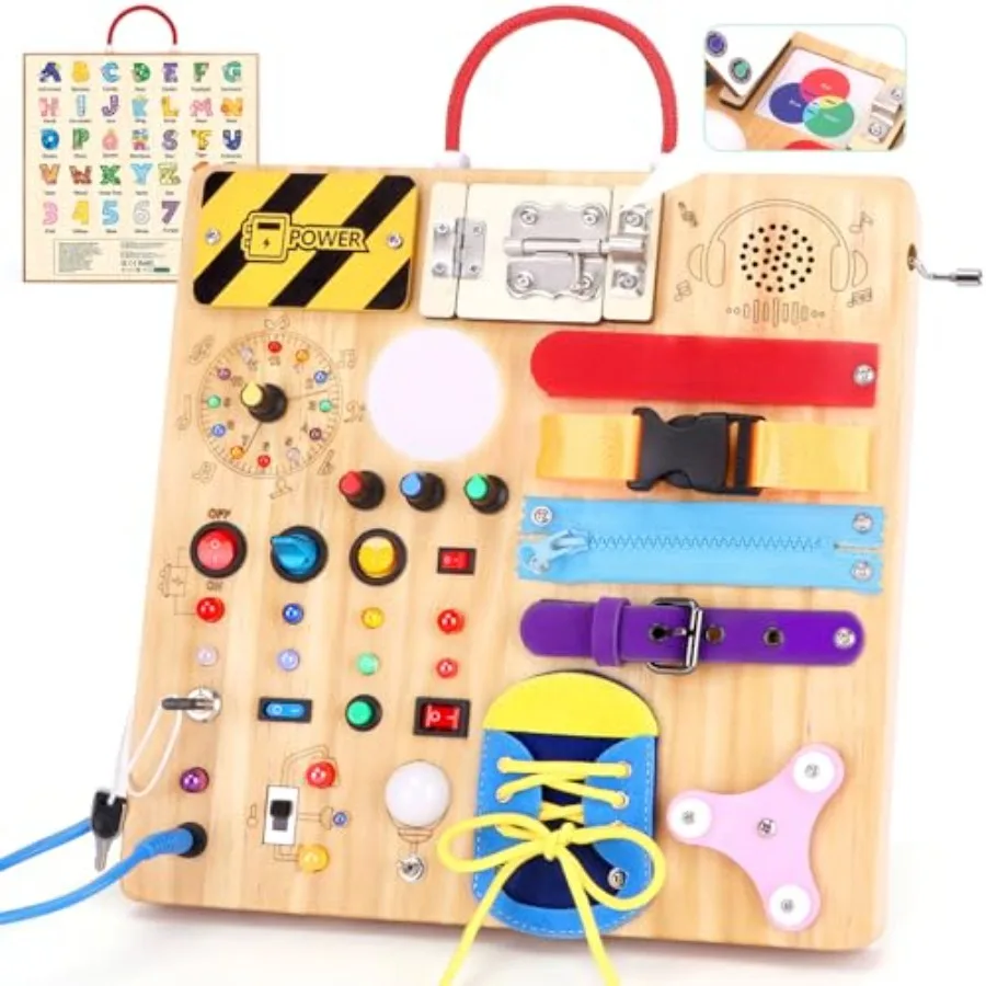 23-in-1 Montessori Busy Board with LED Lights Educational Wooden Activity Toy for Toddlers Ages 1-3 Travel Sensory Board with S