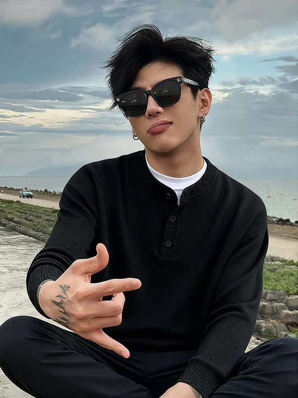 

Bla American Sle Henry Collar Knitted Sweater Men's Autumn Winter Warm Inner Wear Base irt Casual Knitwear