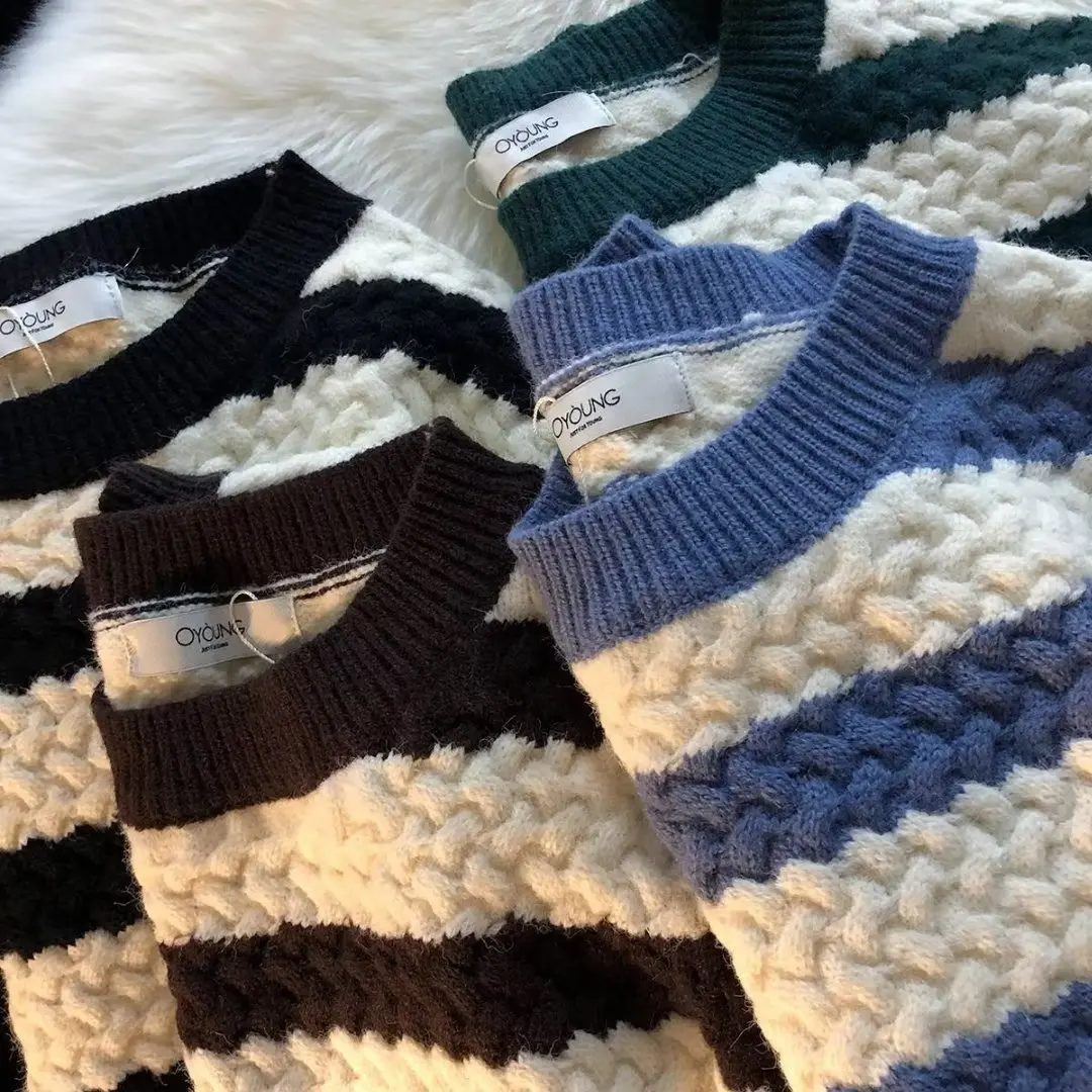 

Men's Autumn Winter Thiened Large Size Sweater Casual Loose Stripe Knitted irt Korean Sle Baseball Collar Long Sve