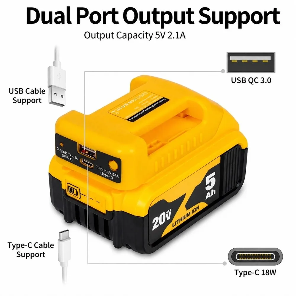 20V Input Battery Adapter Converter USB C Output Belt Clip Dual Output Power Adapter for DeWalt 18V‑20V Lithium‑ion Battery