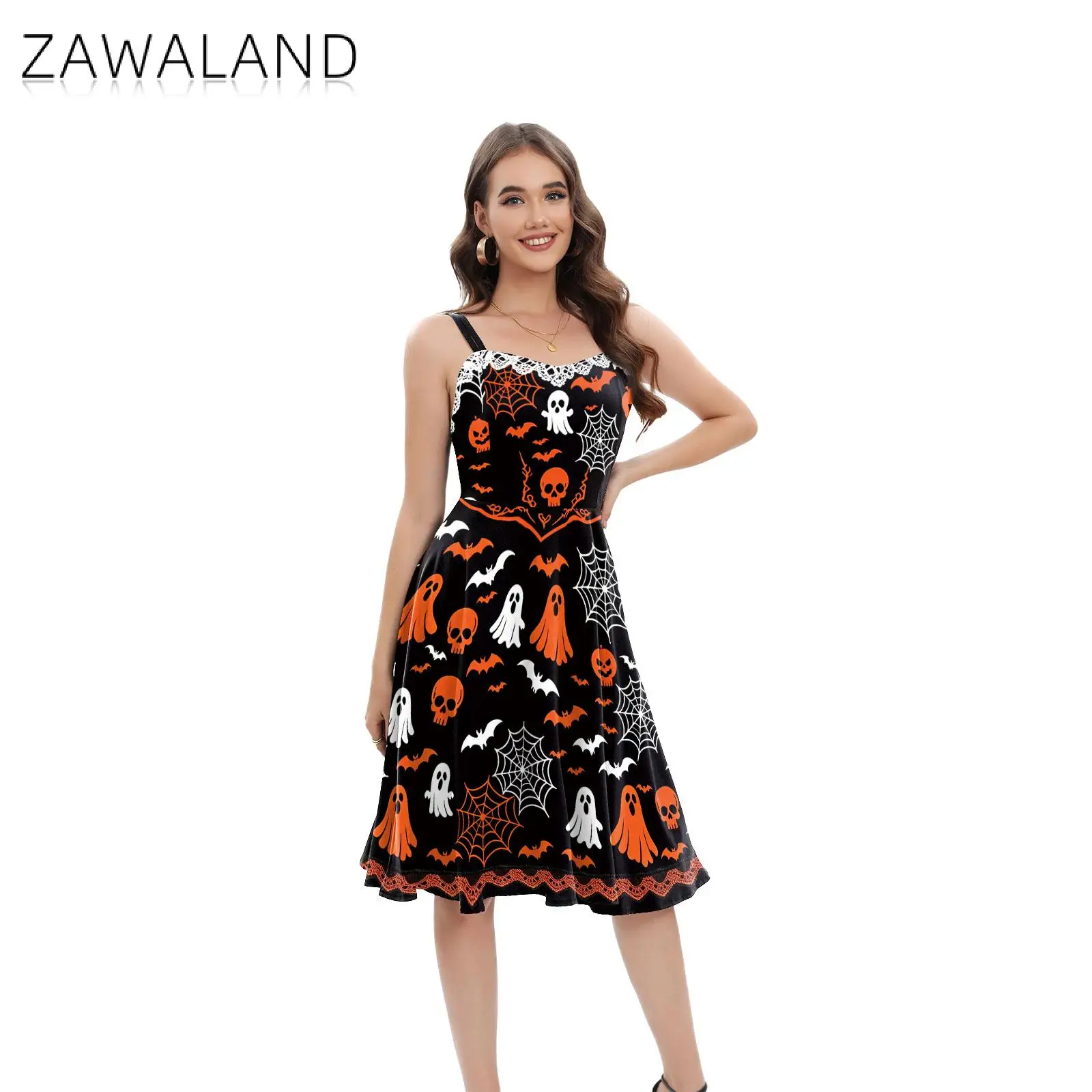 Zawaland Halloween Dress for Women Spooky Ghost Pumpkin Bat Print Sleeveless A-Line Dress Party Halloween Night Fancy Dress - view 5
