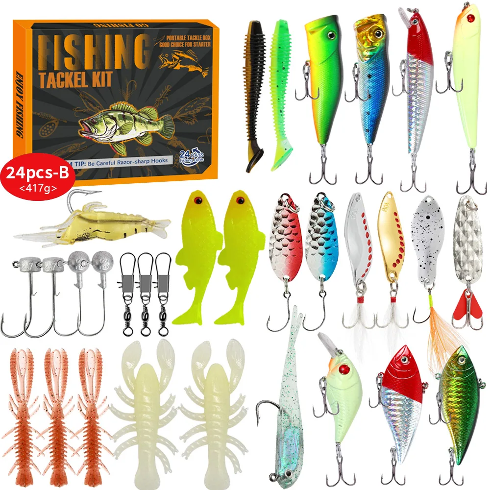 QQE 24Pcs Fishing Tackle Kit with Lures Hooks, Full Accessories Outdoor Combo for Freshwater Saltwater Fishing