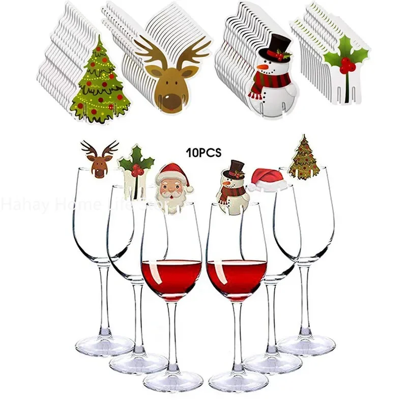 10pc/set Wine Cup Card Christmas Decor Santa Hat Glass Decor Xmas Tree Snowman Home Decoration Decor 2025 New Year Accessories