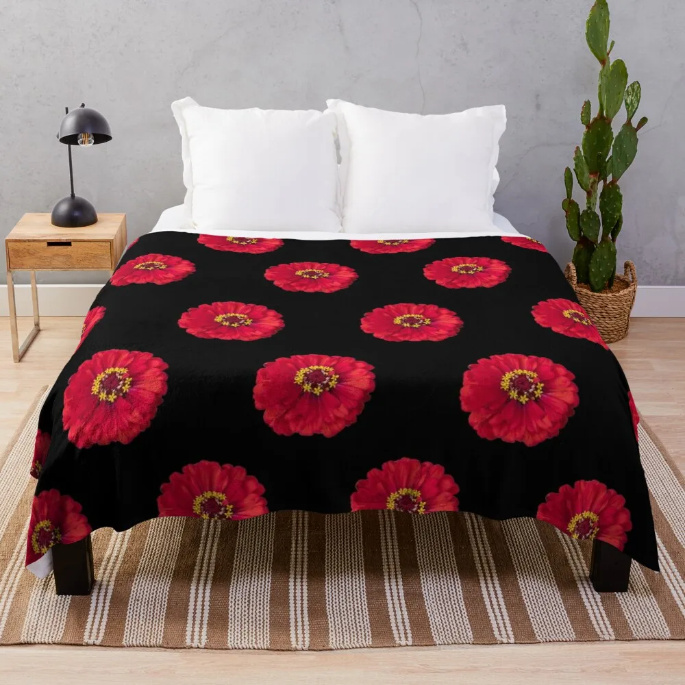 Red zinnias on black background Throw Blanket Plush Custom Blankets