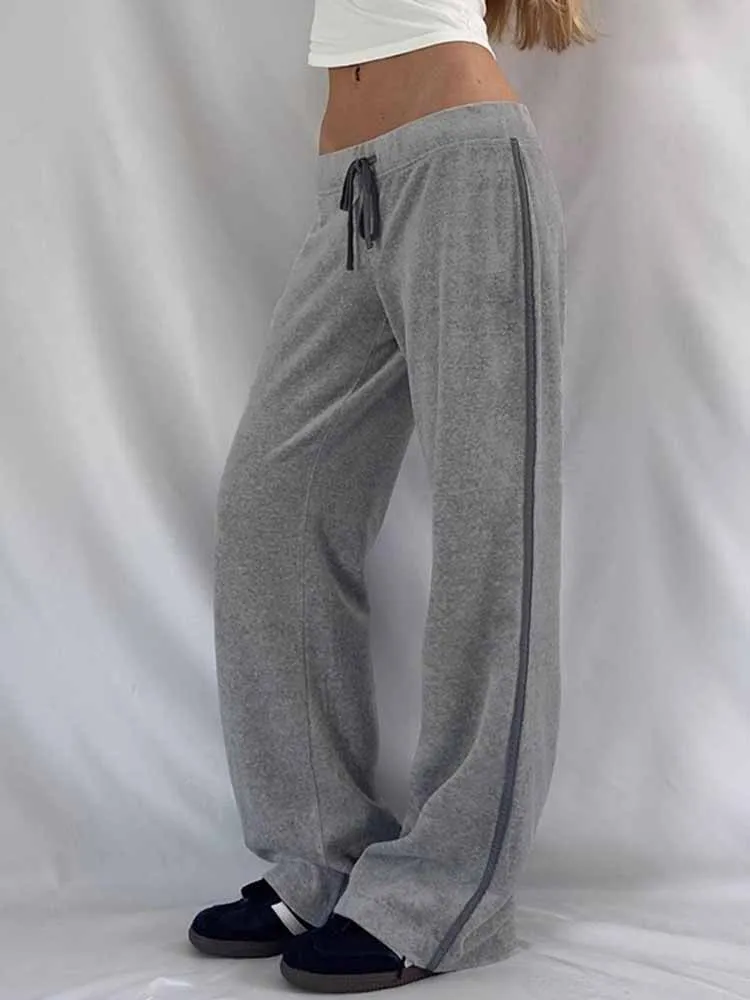 BKQU Harajuku Gray Loose Sweatpants Women 2025 Summer Low Rise Striped Casual Drawstring Wide Leg Pants Hip-hop Jogging Trousers