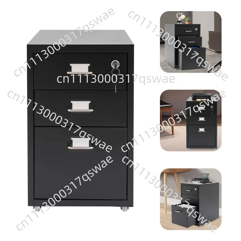 Three-story rectangular steel vertical cabinet, metal mobile for offices