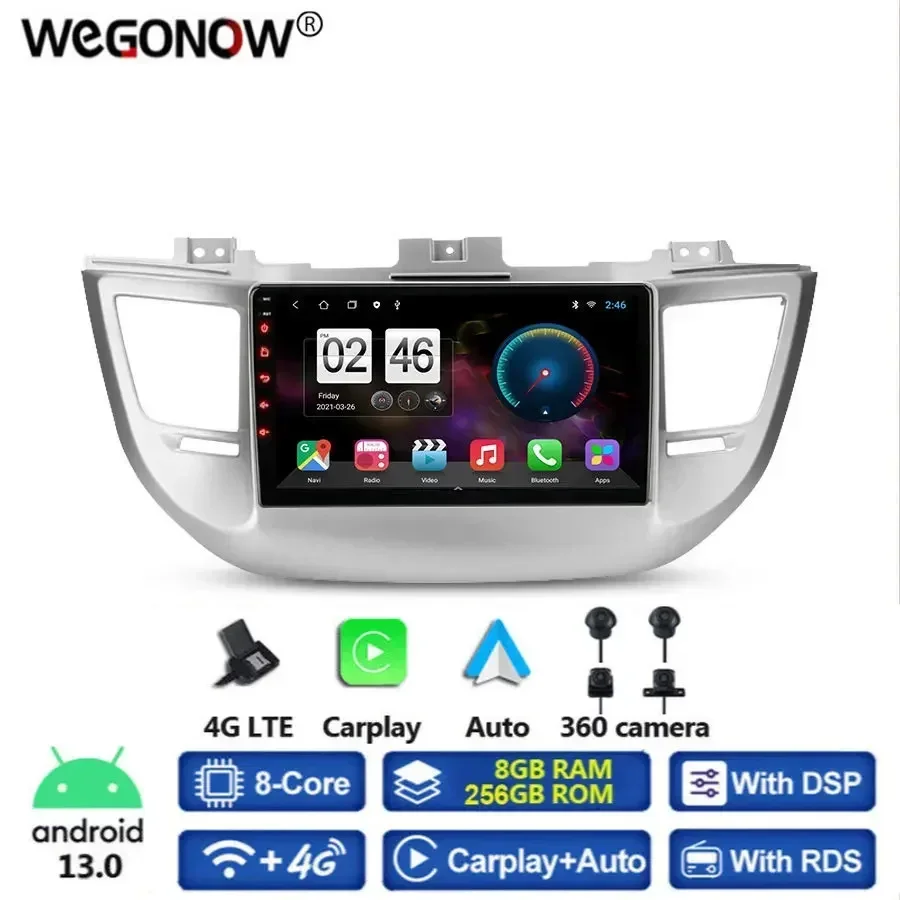 360 Panoramic Camera 8G+256G Android 13.0 Car DVD Player GPS WIFI Bluetooth RDS Radio For Hyundai Tucson 3 2015 2016 2017 2018