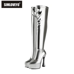 SIMLOVEYO 14.5cm Block Heel 5cm Platform Over Knee Thigh High Boots Pointed Toe Zip Faux Leather Gold Silver Big Size 47 48 US17