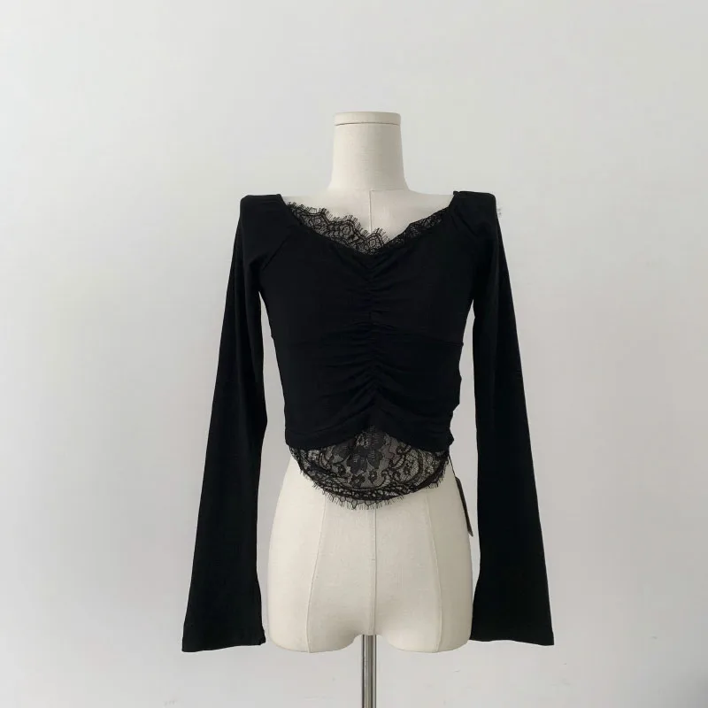 

Sexy Lace Patchwork Streetwear Women's Fashion Vintage Slim Fall Long-sleeved Tops Girl Thin Y2K Tshirt Elasticity Thin Tees