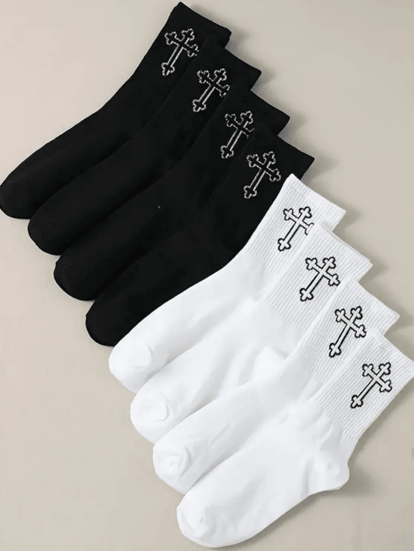 

6 Pairs Men's Mid-Calf Socks with Cross Embroidery - Black & White