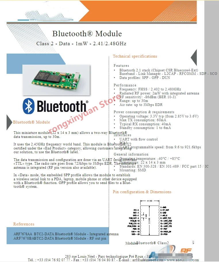 ARF7678AA ARF7678AAX ARF7678 ARF7678/C بلوتوث ®   الوحدة النمطية 2 - البيانات - 1 ميجاوات - 2.41/2.48 جيجا هرتز (BC417 MX29LV800CBXEI-70G )