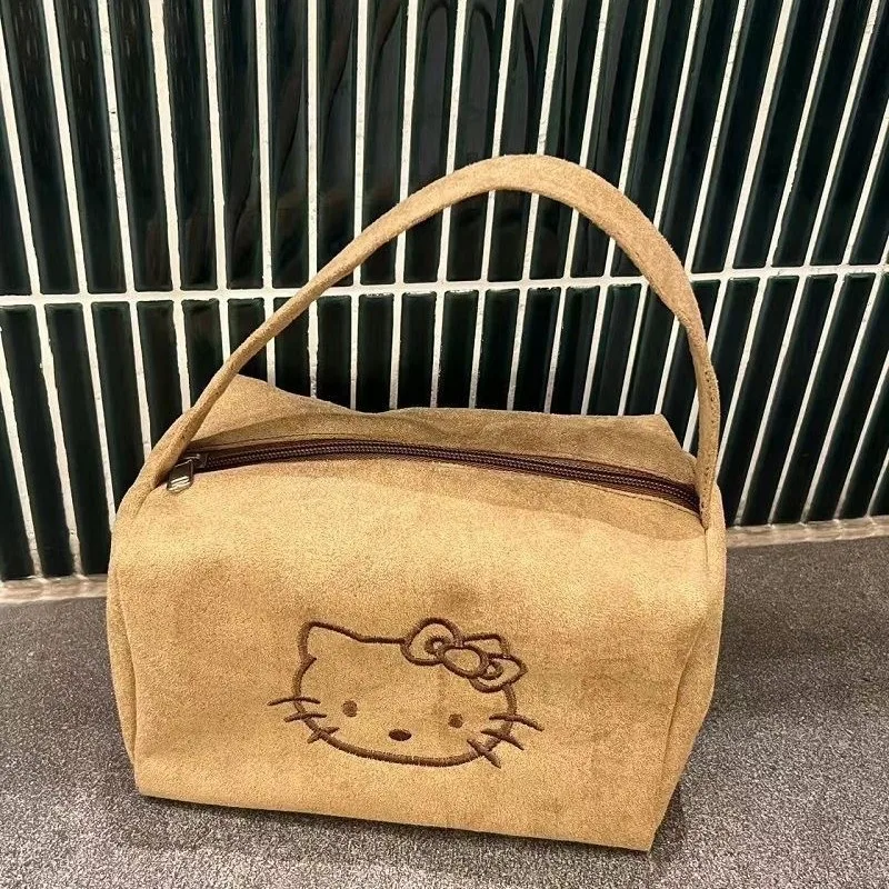 Bolsa de Maquiagem Sanrio Hello Kitty, Bolsa Cosmética de Suede KT, Grande Capacidade, Organizador de Maquiagem para Viagem Bordado