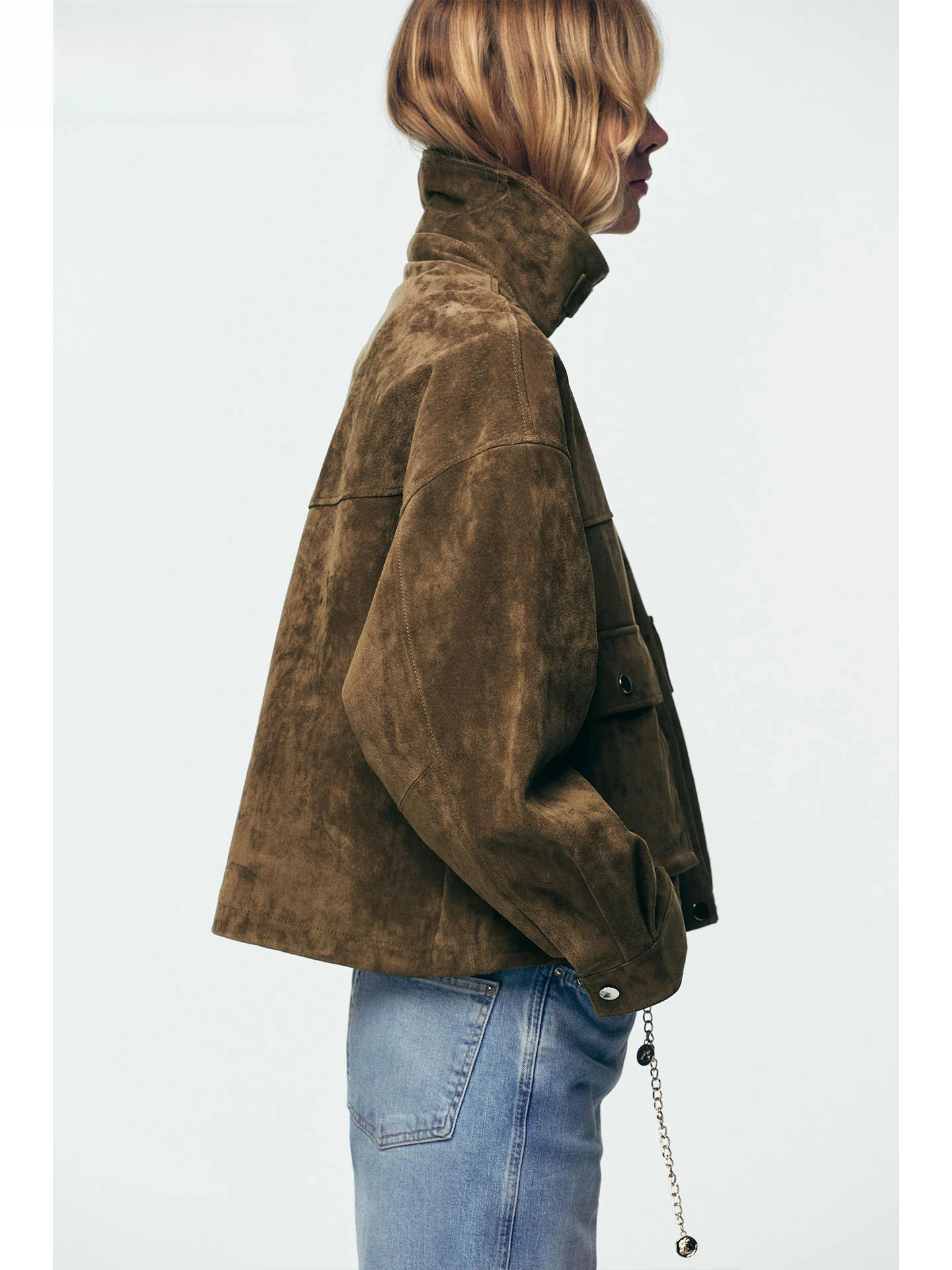 ZAPRHA 2025 Autumn Faionable Leather Pilot Collar Long Sve Jaet Outerwear Versatile Women's Casual Sle ort Coat