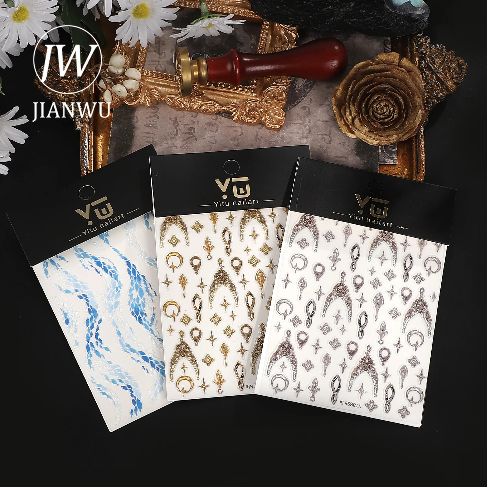 JIANWU 2 Pcs/set Cute Character Diamond Grid Landscape Material Collage Scrapbooking PET Nail Sticker Journal Stationery