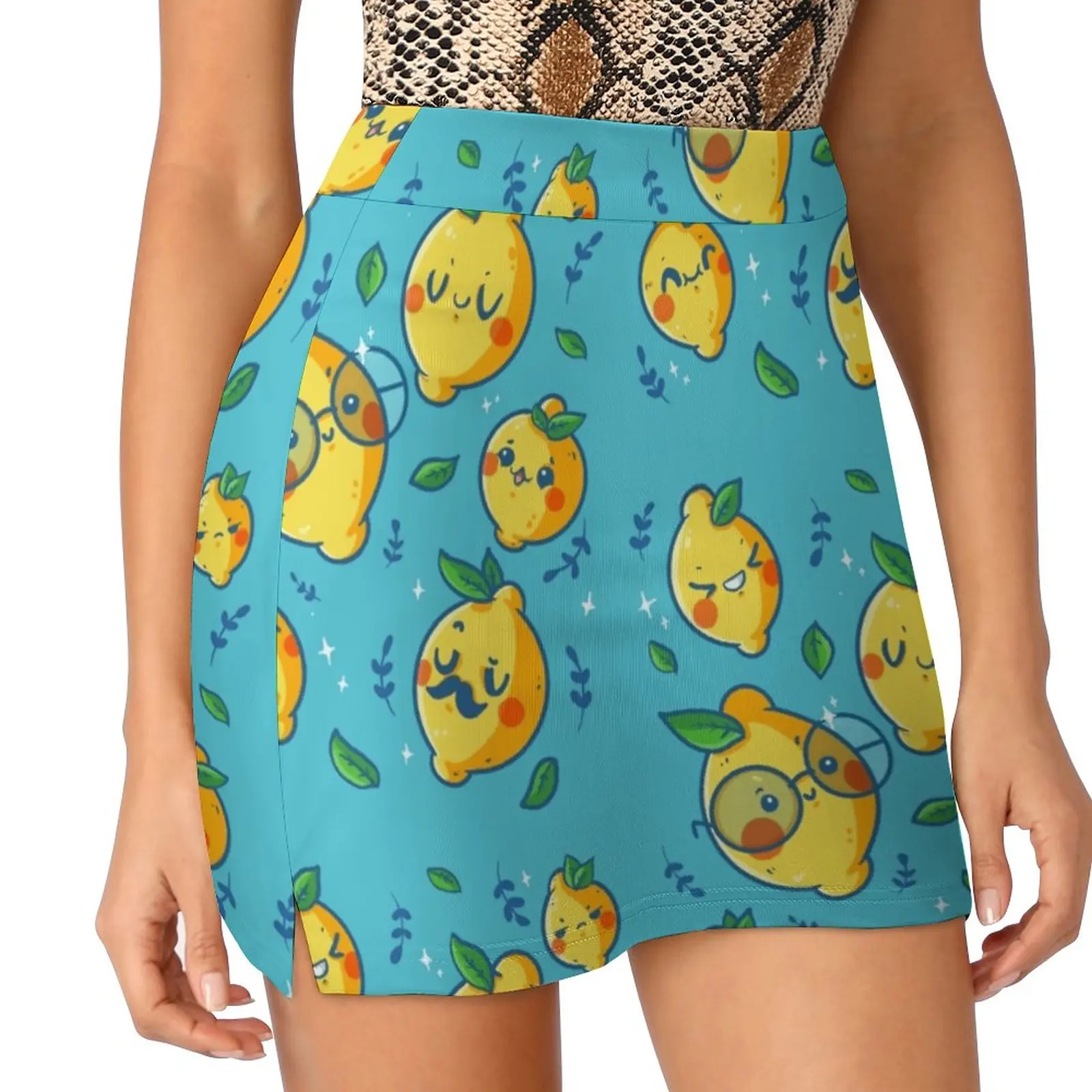 Lemon Faces Women's skirt Mini Skirts A Line Skirt With Hide Pocket Lemon Faces Lemons Lemonade Yellow Fruit Fun Funny Pattern