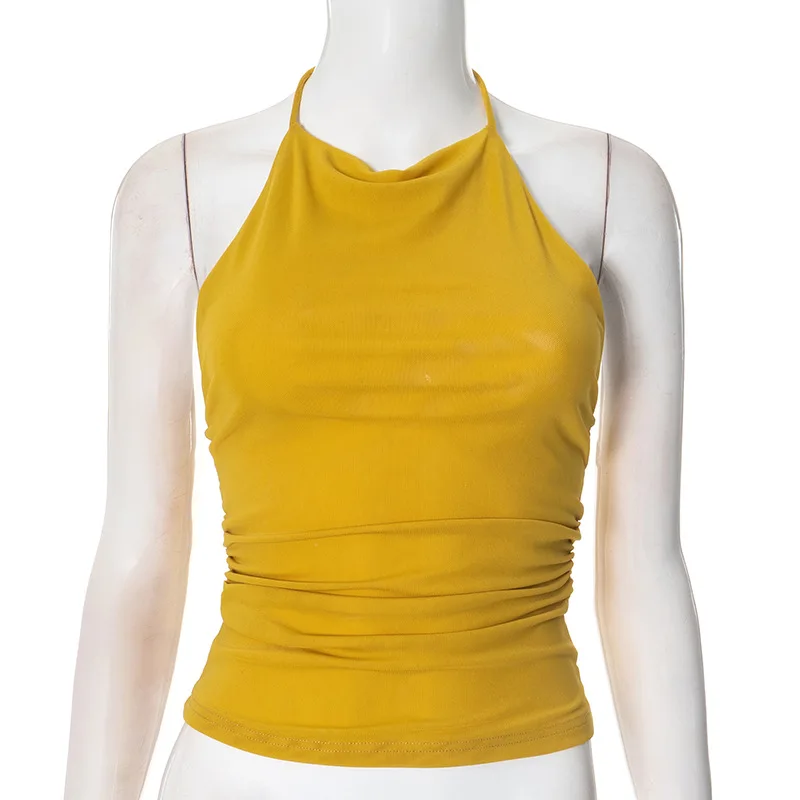 

2025 New Streetwear Elegant Solid Color Backless Sheer Mesh Halter Tees Women Sexy Fashion Elegant Sleeveless Hanging Neck Tops