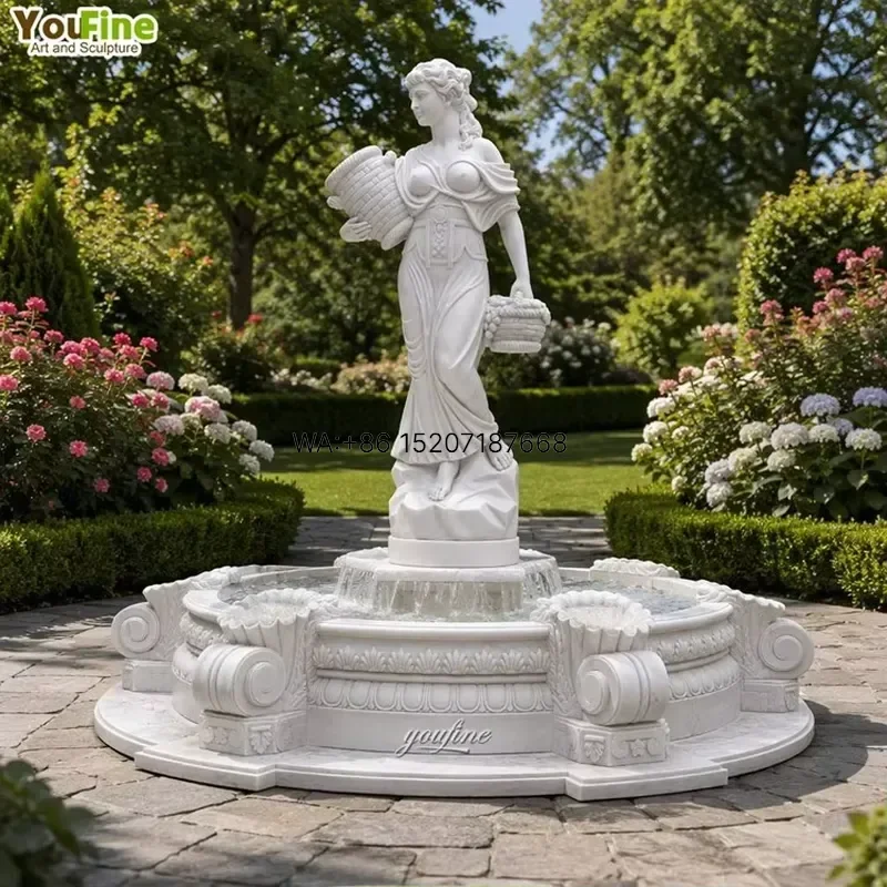 Wmwmnu for YouFine Hand Carved White Marble Woman Fountain Statue Outdoor Garden Water Feature with Fruit Basket Classical