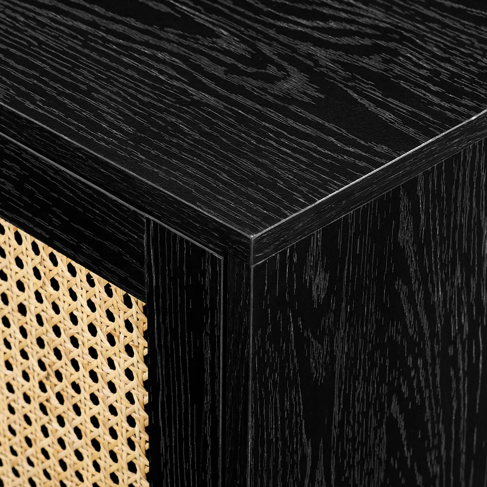 Rattan porta baixa TV Stand para TVs, moderno, até 80 polegadas, preto