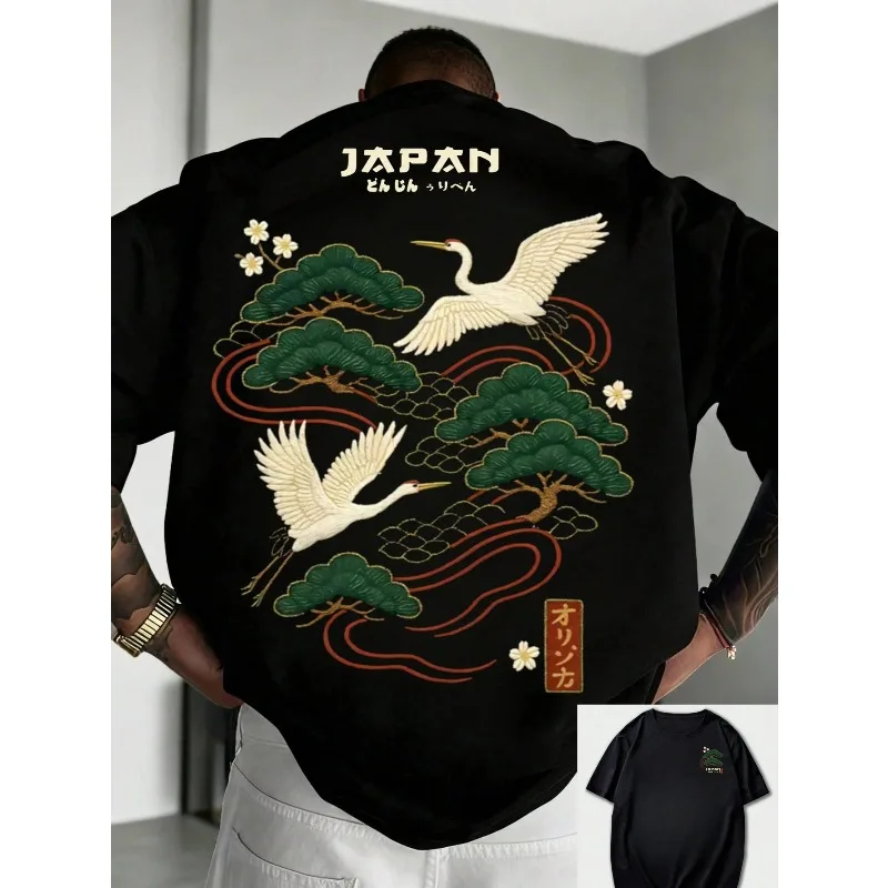 Summer  Pure Cotton Men's Casual Loose Minimalist Japanese Crane Print Round Neck Short Sleeved T-shirt Versatile Top