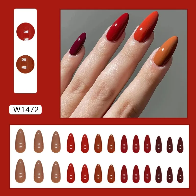 24pcs/set Medium Almond Elegance Press on Nails Long False Nail Art Acrylic Red Brown Stick-on Nails for Gluing Finger Nail Tips