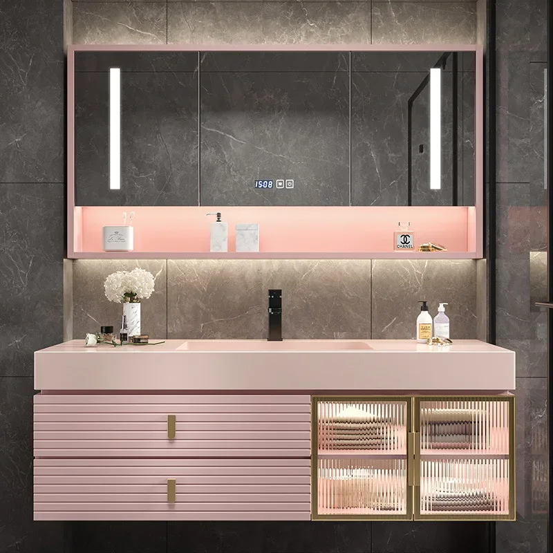 

Skin feeling integrated basin, bathroom, oak bathroom cabinet, wall-mounted smart washstand, simple