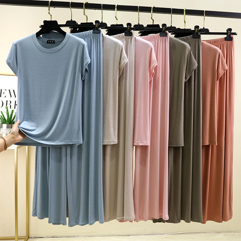 

Modal Short Sleeve T-Shirt Wide Leg Pants Home Clothes Two-Piece Set Women Summer Sleepwear Casual Thin Set round Neck