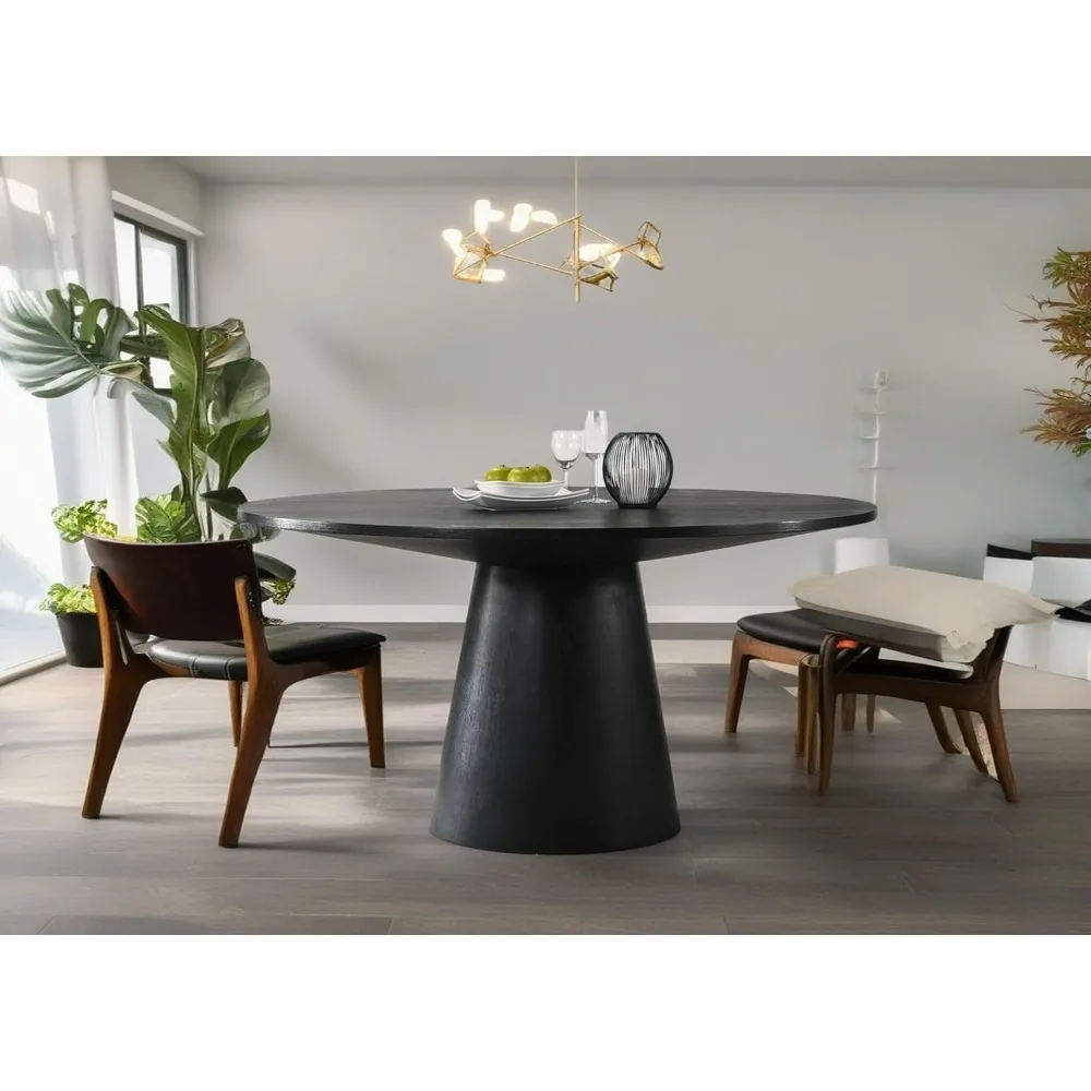 47 inch modern circular dining table with driftwood veneer, sturdy cylindrical base suitable for small spaces, black