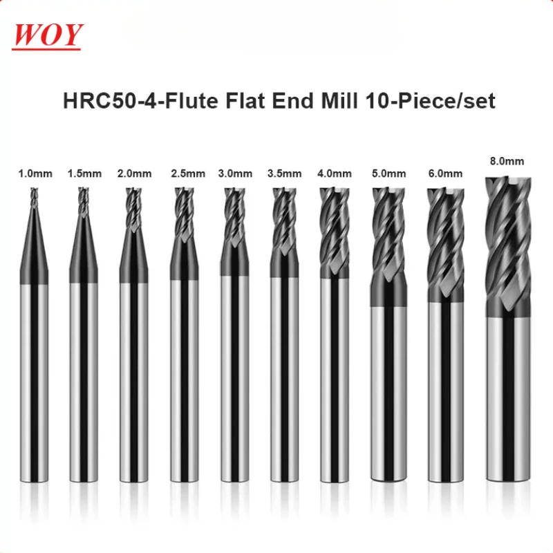 

WOY HRC50 4-Flute 1.0mm-8.0mm 10-piece/set Milling Cutter Tungsten Steel Carbide Nano Coating CNC Machine Flat End Mill Tools